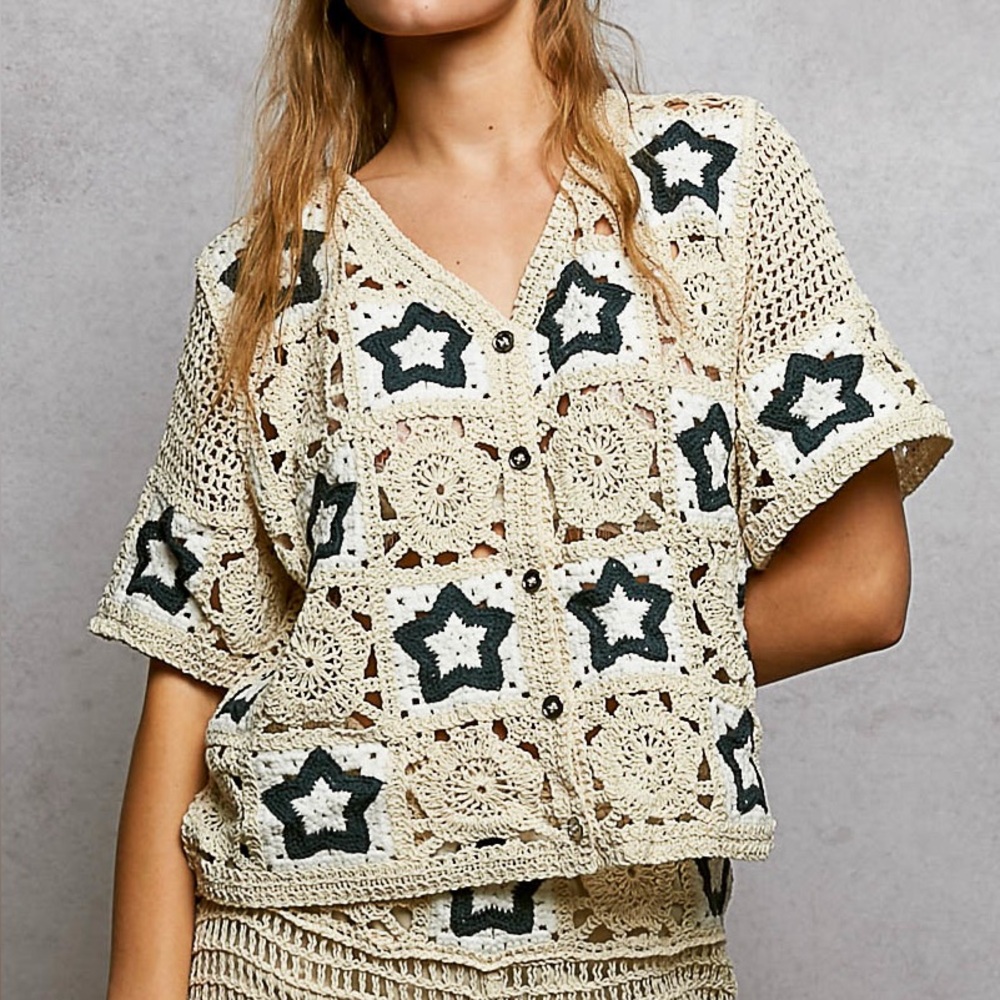 POL Cream and Black Star Crochet Blouse